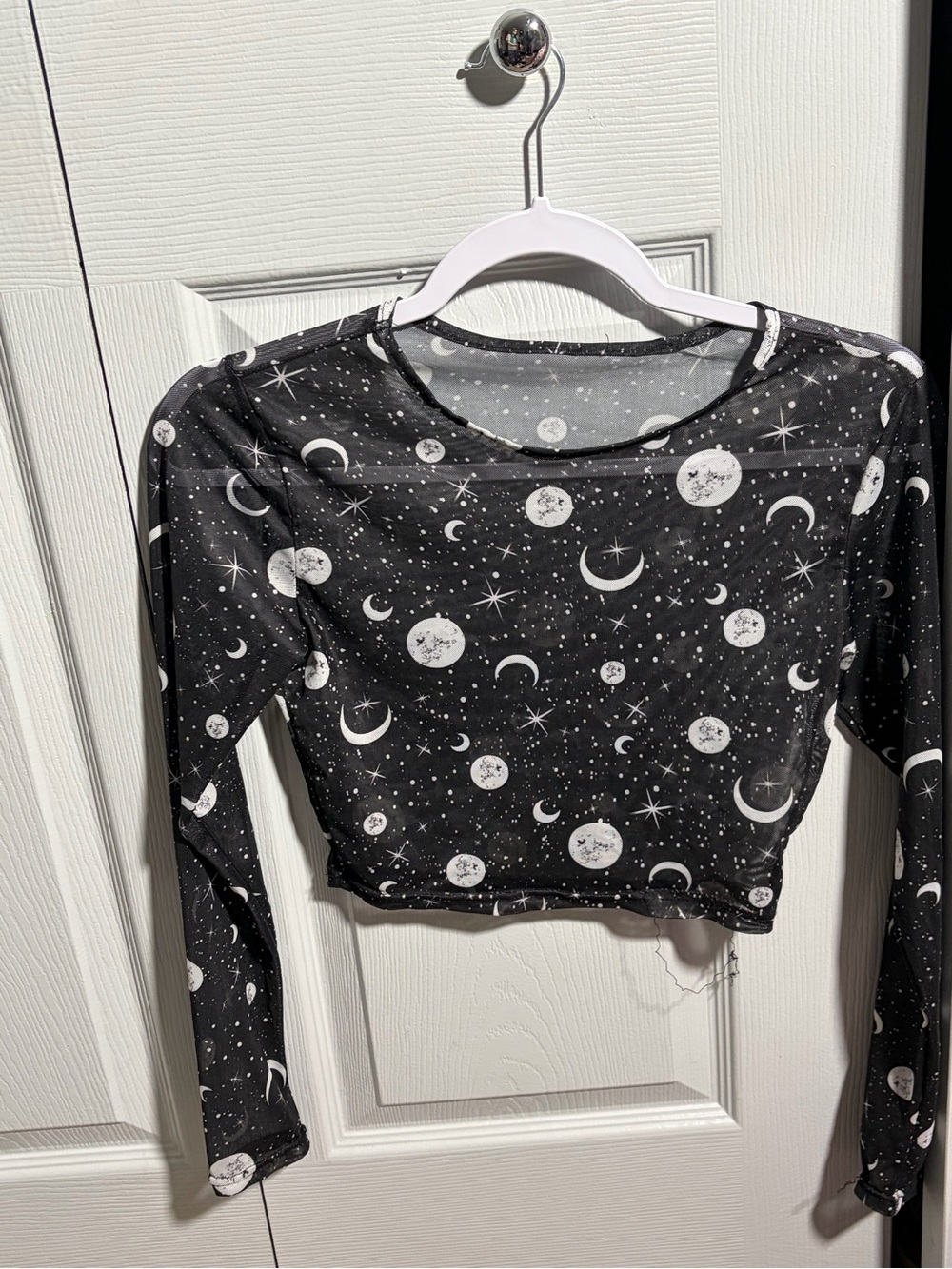 Black Celestial Mesh Crop Top with Moon & Star Print